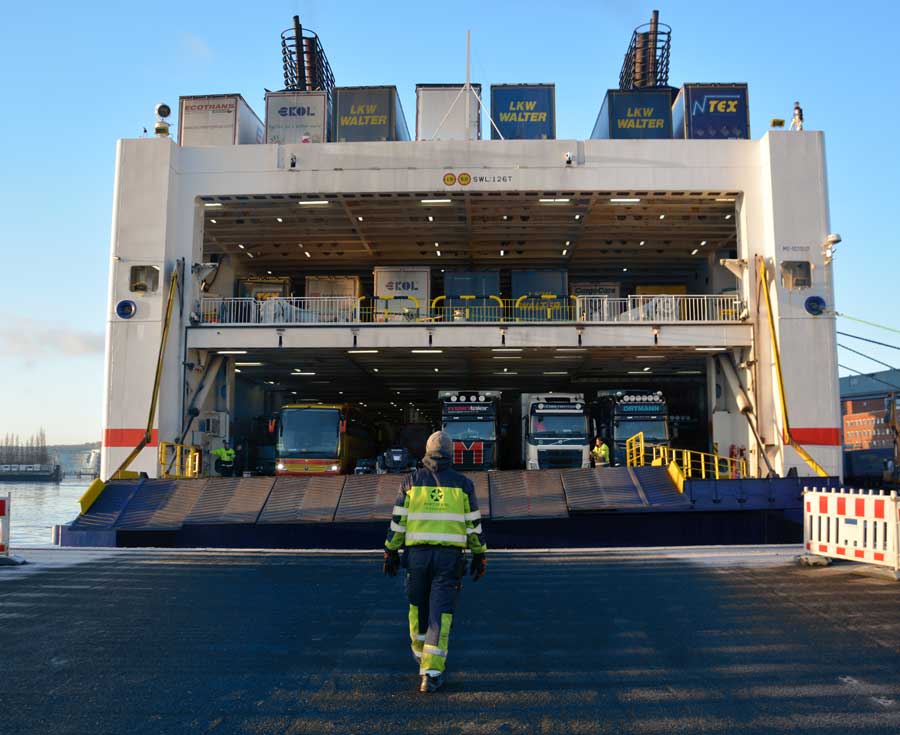 Open cargo hatch Stena Line loaded with vehicles.