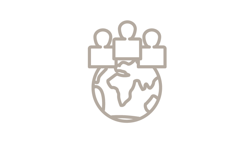 Piktogramm einer Weltkugel mit Personen an verschiedenen Stellen als Symbol für Repräsentanzen des Unternehmens