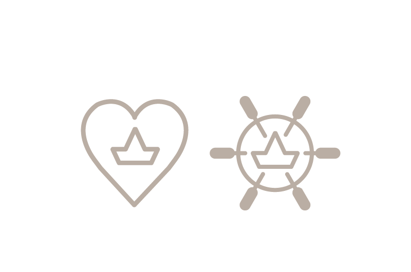 Piktogramme der Werte "Herzblut" und "Verantwortung": Herz mit Papierschiffchen und Steuerrad mit Papierschiffchen