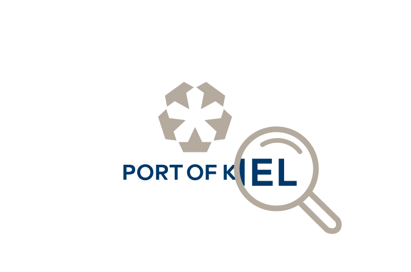 Piktogramm einer Lupe, die einen Teil des PORT OF KIEL-Logos vergrößert