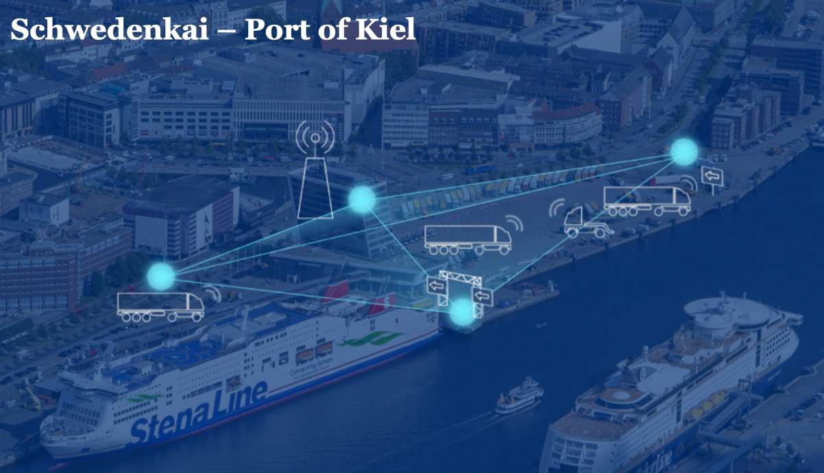 man sieht im Hintergrund die Fähren des Stadthafens und eine darüber eingeblendete Hafeninfrastruktur mit 4 lechtenden Punkten, Hinweisschilder, eine Torkonstruktion über der Rahme zum Schiff, Logistik-Fahrzeugen und eine Sendestation.